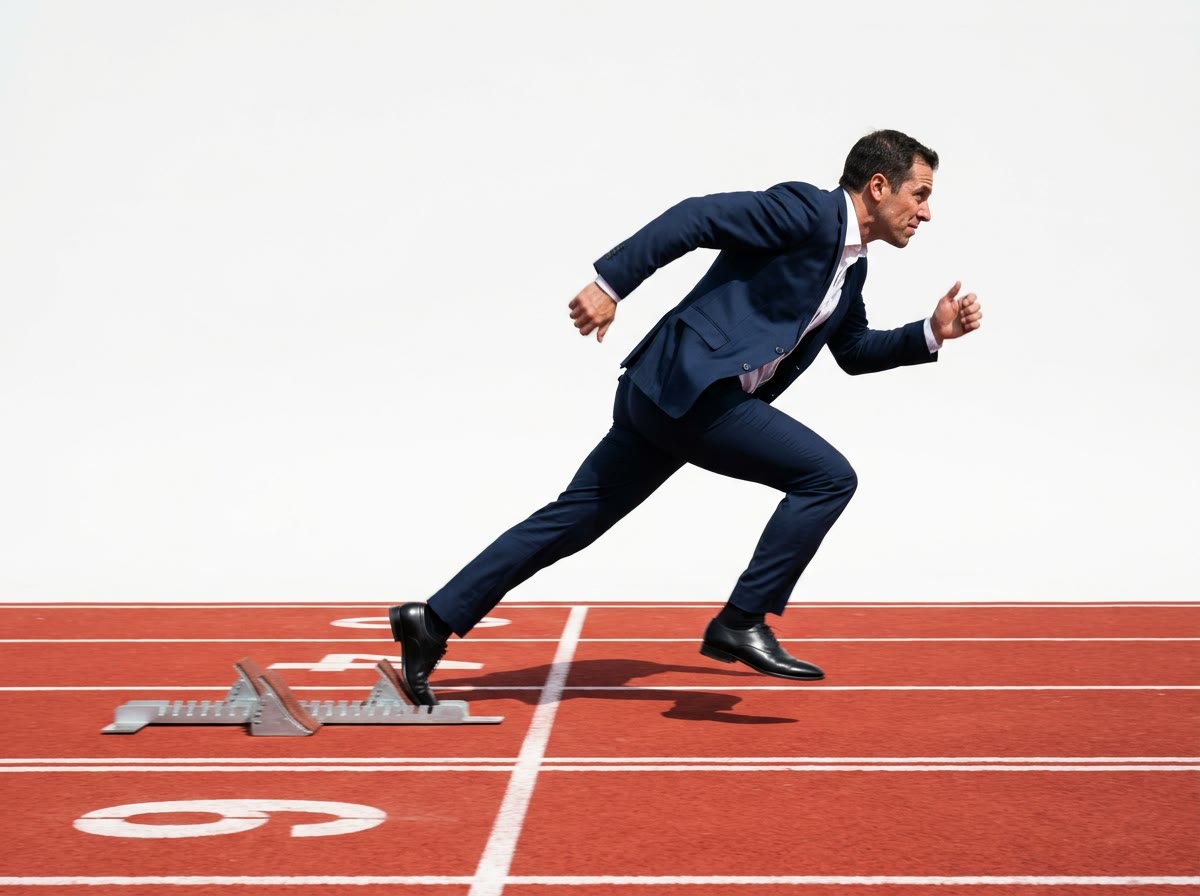 Emprendedor de traje saliendo desde la partida de una pista de atletismo